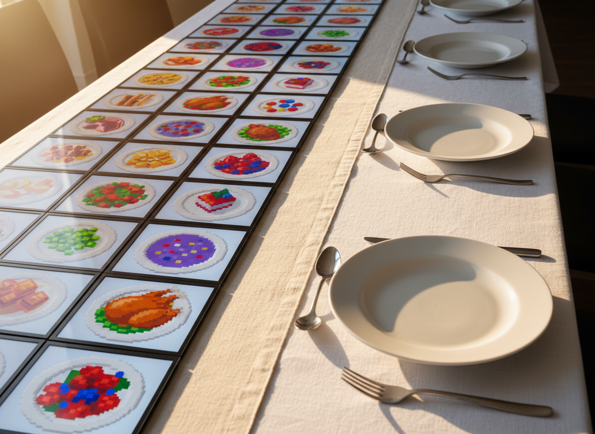A whimsical, photographic still life of a long banquet table where half of the tabletop is covered with small LED tiles arranged like placemats, each screen displaying a vibrant illustration of a full plate of food made out of tiny pixels. The other half of the table features real, empty white ceramic plates with simple, minimalist cutlery on a crisp linen runner. Soft golden-hour light filters in from one side, creating warm highlights on the ceramics and subtle reflections on the LED surfaces. Captured from a slightly elevated side angle, the composition creates a visual metaphor of pixels transforming into plates of food. The mood is playful yet heartfelt, underscoring the idea that event screens can nourish children in the real world. Clean, modern photographic realism with rich, saturated color.