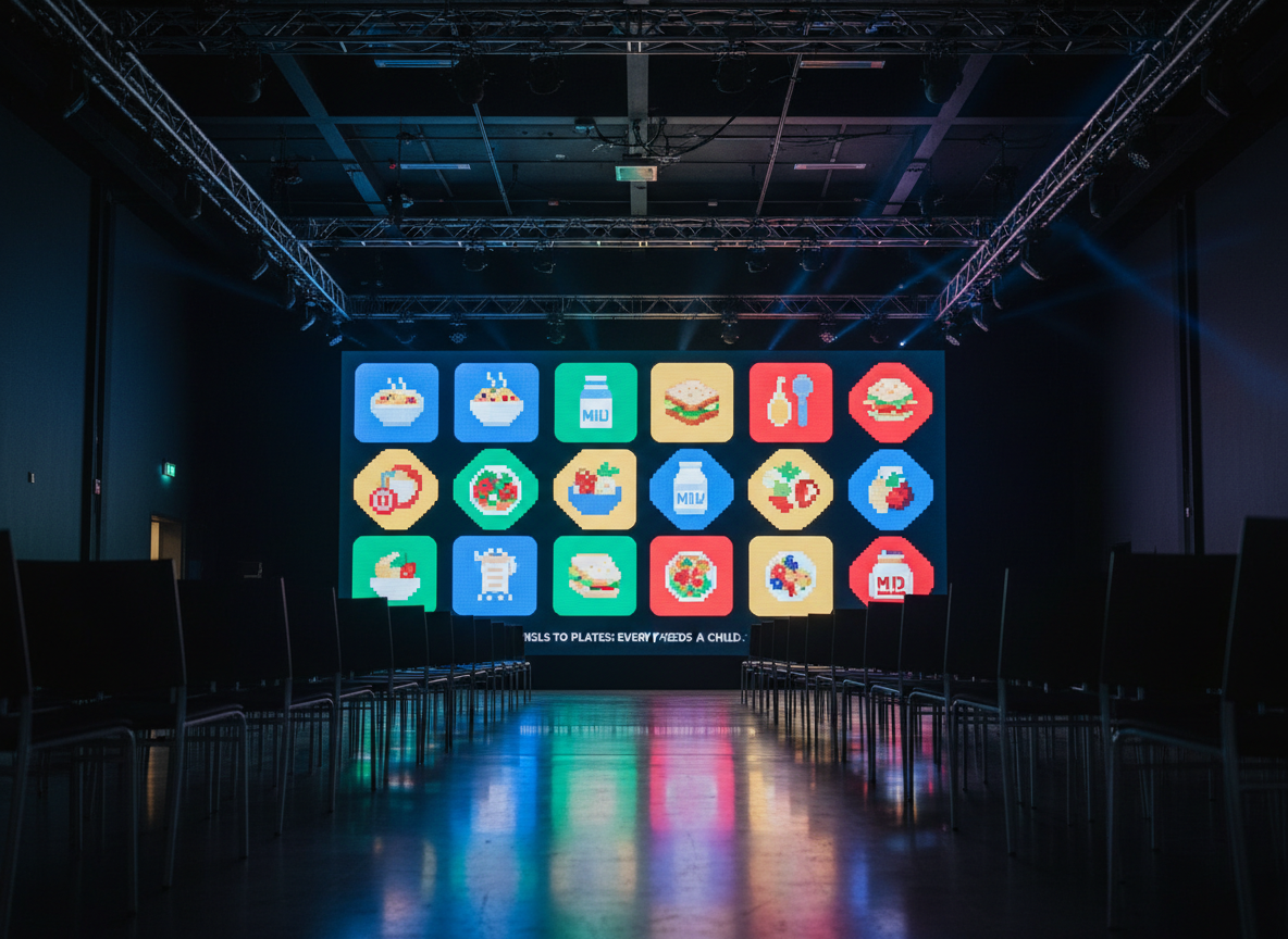 A towering, ultra-high-resolution LED screen stands center stage in a darkened, modern event hall, its surface glowing with a playful pixel-art illustration of colorful plates transforming into stylized meal icons. Around the screen, empty rows of sleek black chairs fade into soft blur, emphasizing the screen’s importance. Overhead rigging and cables are neatly arranged, hinting at professional production. Cool blue and violet spotlights wash the scene, creating subtle reflections on the polished concrete floor. Shot at eye level with a shallow depth of field, the composition feels cinematic yet approachable. The mood is optimistic and energetic, conveying that every pixel on the screen contributes to real meals for children. Photographic realism with vibrant, clean, modern aesthetics.