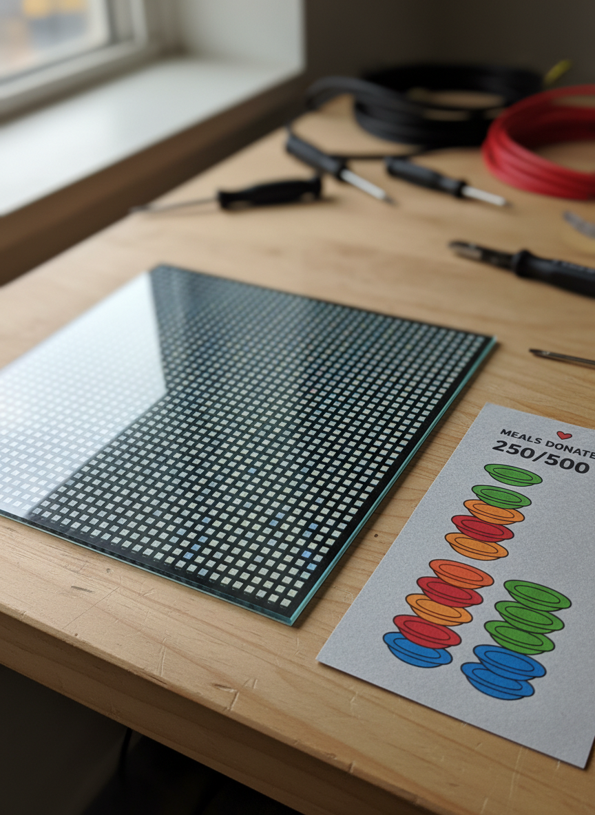 A close-up, photographic view of a glossy LED panel tile resting on a light wood workbench, each tiny pixel diode clearly visible, arranged in precise rows. Next to it lies a bright, illustrated donation tracker printed on matte cardstock, showing meals as colorful, cartoon-style plates stacking upward like a playful bar graph. Soft, diffused daylight streams in from a nearby window, casting gentle shadows and highlighting the contrast between high-tech hardware and warm, tactile paper. Tools and coiled cables are slightly out of focus in the background, suggesting hands-on setup. Captured from a slightly elevated angle with a shallow depth of field, the mood is hopeful and inventive, blending technical precision with a sense of social impact in a clean, modern, photographic style.