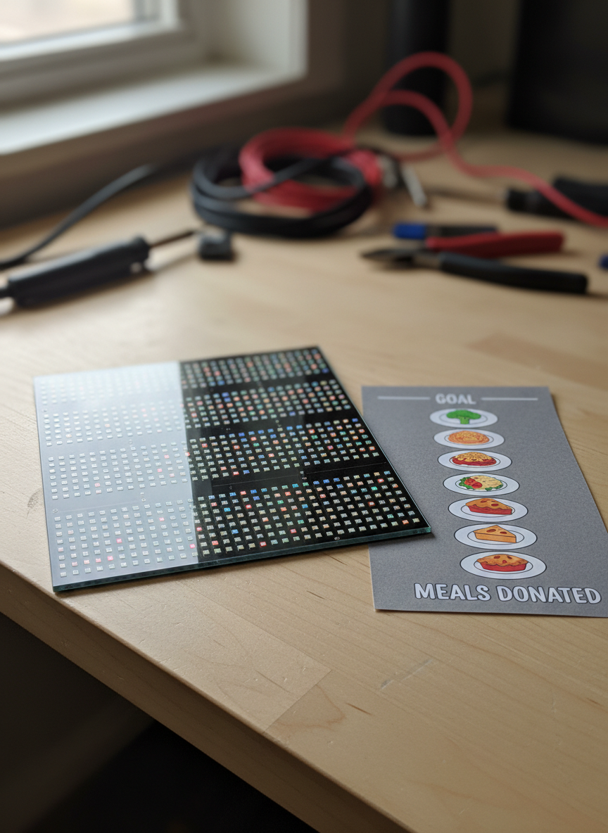 A close-up, photographic view of a glossy LED panel tile resting on a light wood workbench, each tiny pixel diode clearly visible, arranged in precise rows. Next to it lies a bright, illustrated donation tracker printed on matte cardstock, showing meals as colorful, cartoon-style plates stacking upward like a playful bar graph. Soft, diffused daylight streams in from a nearby window, casting gentle shadows and highlighting the contrast between high-tech hardware and warm, tactile paper. Tools and coiled cables are slightly out of focus in the background, suggesting hands-on setup. Captured from a slightly elevated angle with a shallow depth of field, the mood is hopeful and inventive, blending technical precision with a sense of social impact in a clean, modern, photographic style.
