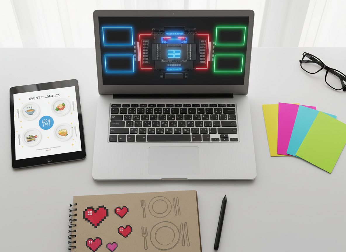 An overhead, photographic scene of an event planning table where a sleek silver laptop displays a vibrant event layout with LED screen placement marked in bold neon colors. Surrounding the laptop are neatly arranged objects: a tablet showing a playful infographic of plates turning into meal icons, a color swatch book opened to bright, cheerful hues, and a spiral notebook with doodled pixel hearts and plate sketches. Soft, overcast daylight from a large unseen window creates even, diffused lighting with minimal shadows. The composition is tidy yet creative, using the rule of thirds to lead the eye from the screen to the impact visuals. The atmosphere feels collaborative and optimistic, emphasizing that technical event decisions directly translate into real-world nourishment. Photographic realism with a bright, contemporary aesthetic.