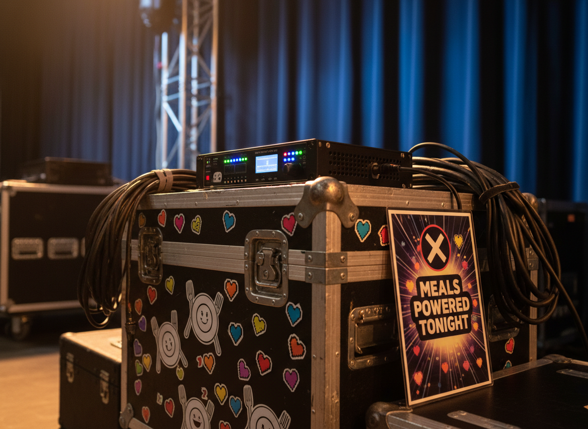 Inside a cozy backstage tech area, a compact LED processor unit with glowing status lights sits atop a sturdy black road case covered in colorful, playful stickers of plates, forks, and pixelated hearts. Coiled cables are neatly organized nearby, and a laminated card with a bold, graphical “X Meals Powered Tonight” statement leans against the case. Warm, directional overhead lighting creates soft highlights on the metal hardware and gentle shadows that add depth. Shot from a low, three-quarter angle with a medium depth of field, the background fades into a soft blur of rigging and curtain textures. The mood is quietly triumphant and hands-on, celebrating the behind-the-scenes magic that turns every connected screen into meals for children. Photographic realism with a slightly gritty but cheerful production aesthetic.
